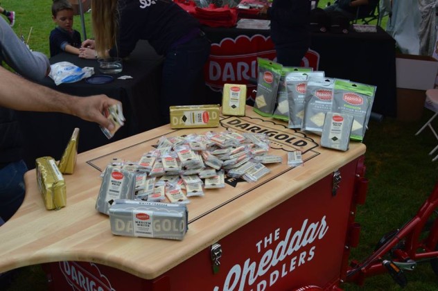 cheddar peddler darigold bike food marketing sampling cart with a giant cutting board lid loaded with Darigold products for business advertising 