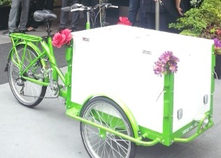 A lime green framed Icicle Tricycles Front load Ice Cream Trike / Bike standard ice cream bicycle model at an event