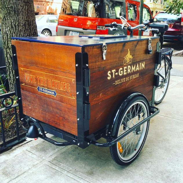 a st-germain branded stained cedar ice cream marketing beverage trike / bike 