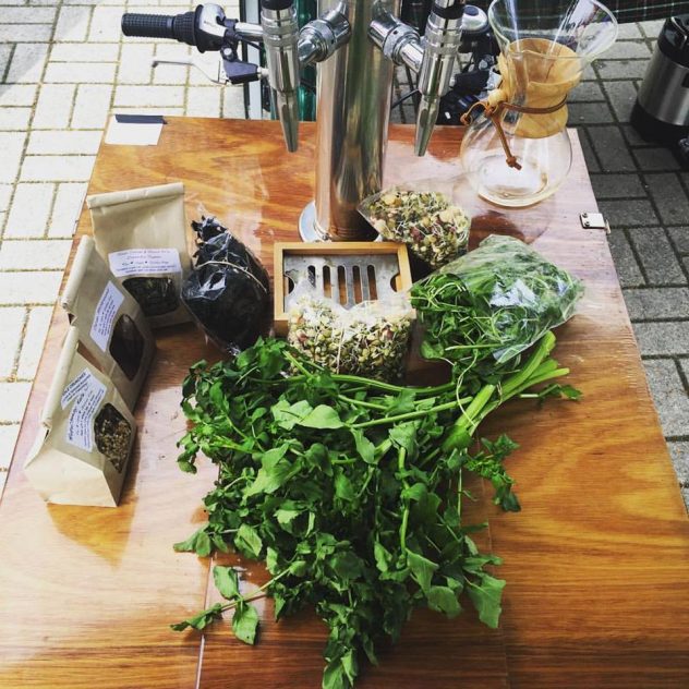 Salad and herbs set on the lid of a cedar wood cargo box front load cold brew coffee bike next to the tap tower 
