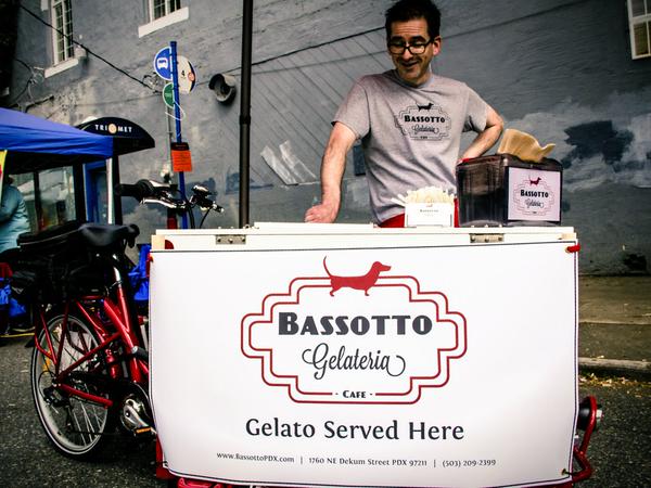 The bassoto gelato branded ice cream trike / bike at a street fair in Portland Oregon