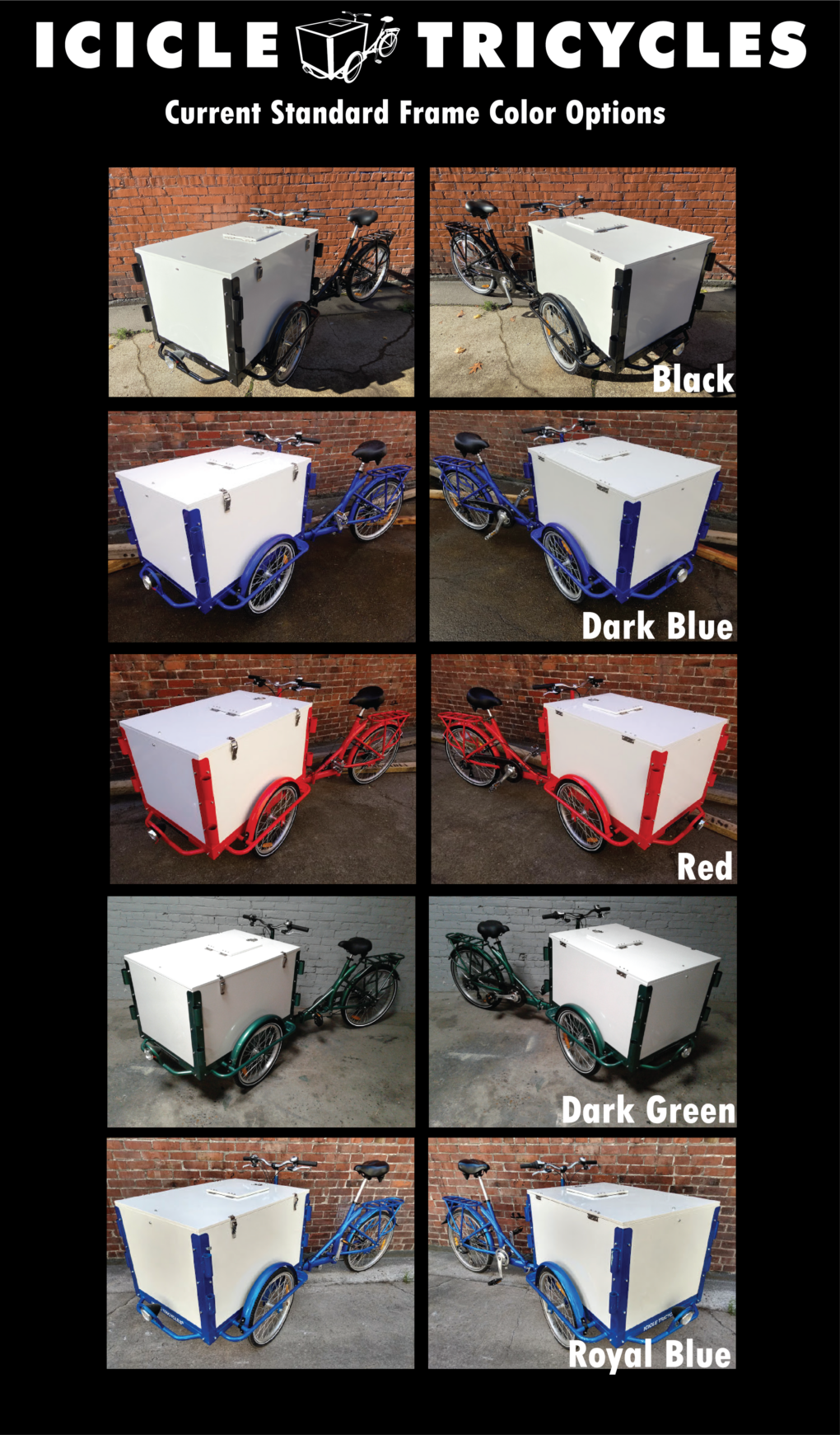 Icicle tricycles, trike color options. Standard mobile vending bike. Ice Cream Bike