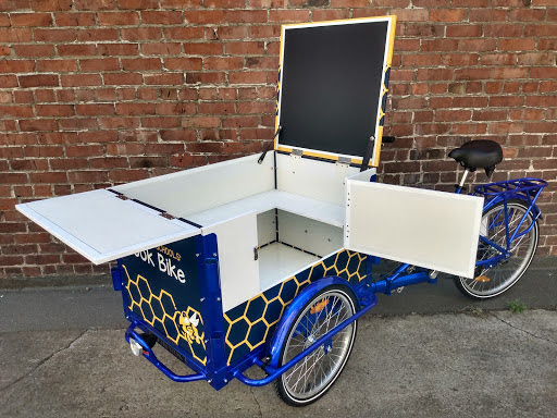 library trike, mobile book bike inside interior chalkboard shelves