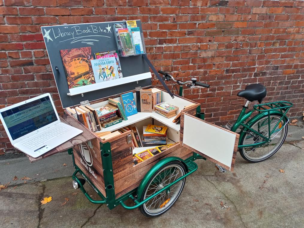 book bike, library bike, school trike, icicle tricycles, mobile reading cart on sale